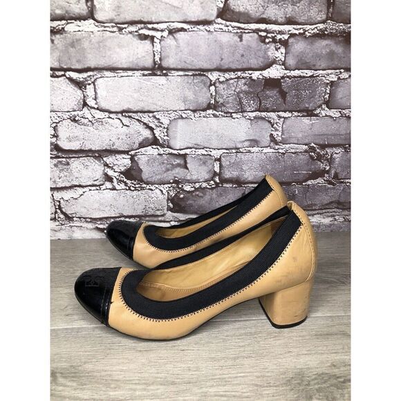 Tory Burch Tan Leather Black Patent Leather Block Heels Women’s Sz 8.5M US/39EU - Picture 8 of 16